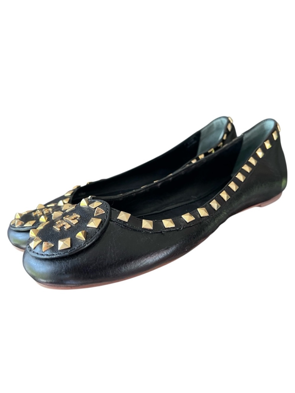 Tory Burch Dale  Gold Studded Black Leather Ballet Flats Size 10